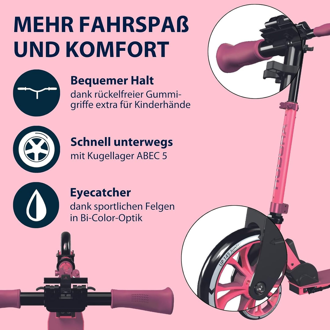 HUDORA Scooter Up 145 Junior - Hochwertiger & sicherer Kinder Roller ab 3 Jahre - Zusammenklappbarer