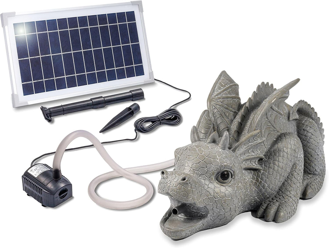 Solarbetriebener Wasserspeier Drache - inkl. Solar Teichpumpe 8 Watt 380 l/h - Masse ca. 330 x 220 x