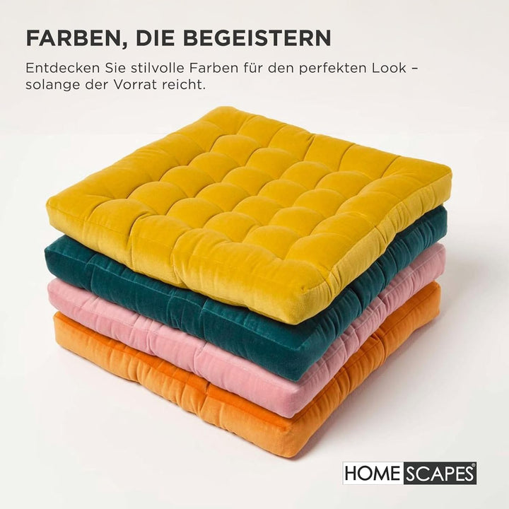 Homescapes 4er-Set Samt Stuhlkissen 40x40 orange, Sitzauflagen mit Bändern, bequeme Sitzkissen für S