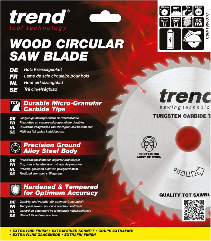 Trend CraftPro Dünnschnitt-TCT-Kreissägeblatt, 190mm Durchmesser x 60 Zähne x 30mm Bohrung, Hartmeta