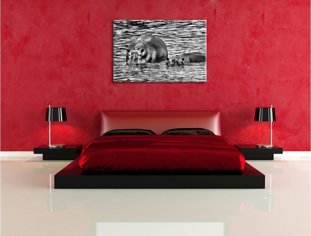 Pixxprint Zwei Flusspferde im hohen Wasser als Leinwandbild/Grösse: 100x70 / Wandbild/Kunstdruck/fer