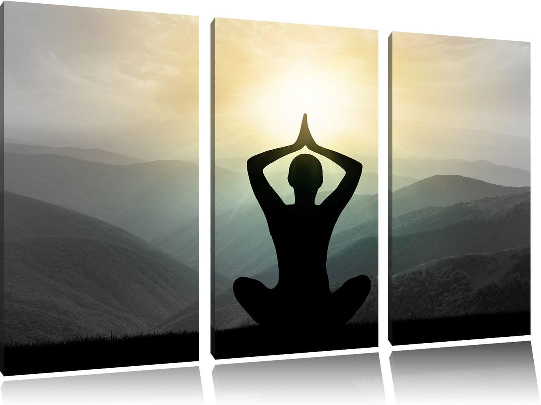 Pixxprint Yoga und Meditation in den Bergen B&W Detail 3-Teiler Leinwandbild 120x80 Bild auf Leinwan