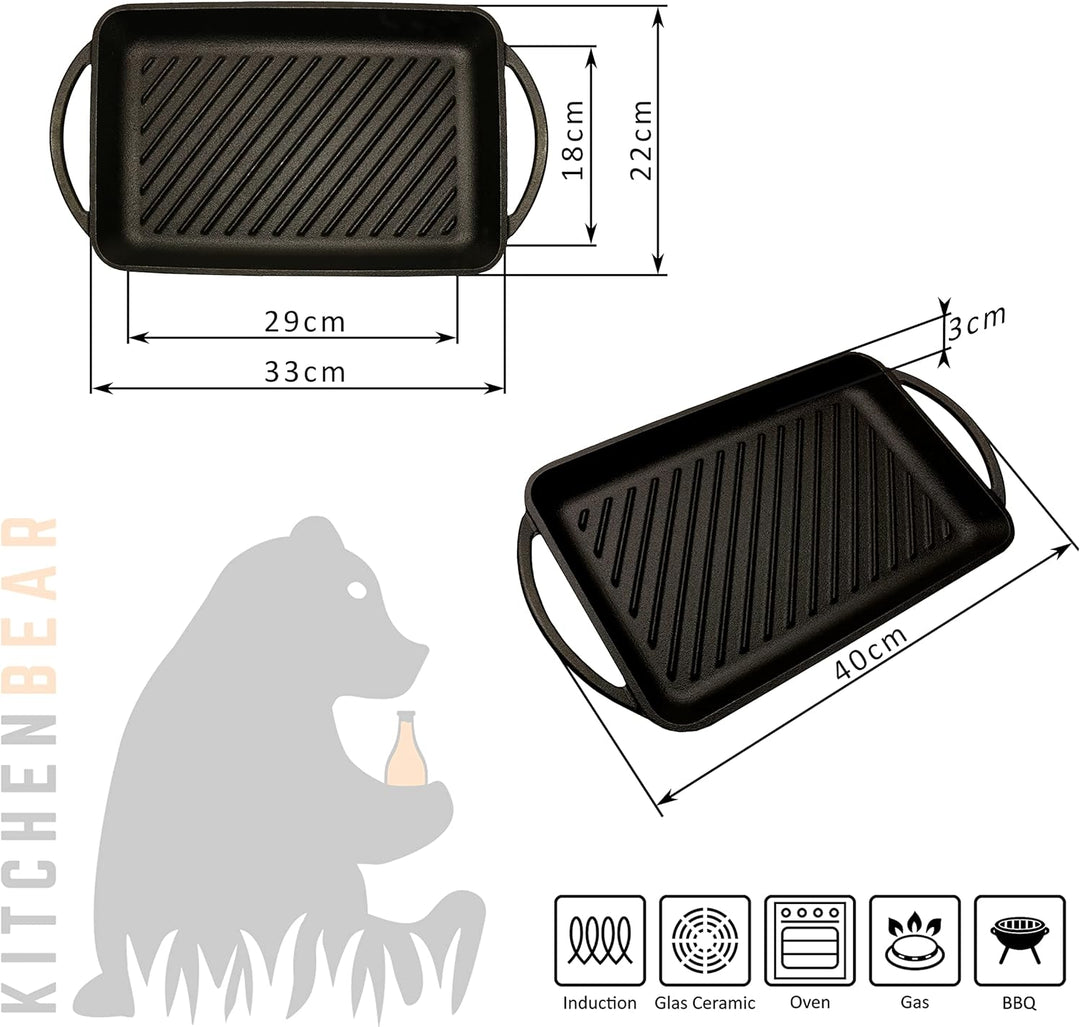 KITCHENBEAR - Grillplatte aus Gusseisen inkl. Silikonmatte - geeignet für Induktion, Gas, Ceran, Bac
