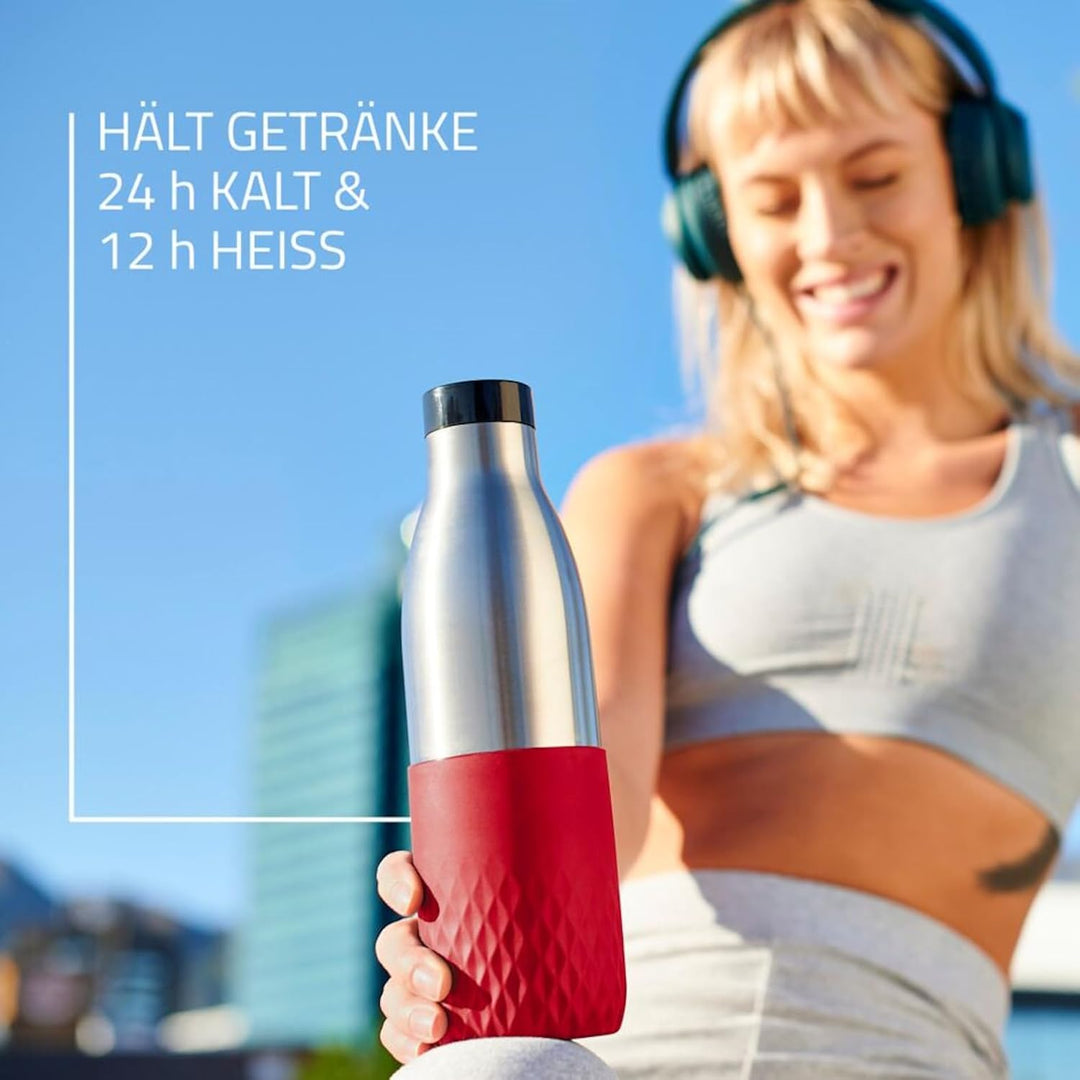 Emsa Bludrop Isolier-Trinkflasche, wiederverwendbar, Edelstahl, nachhaltig, Pulverbeschichtung, 360°