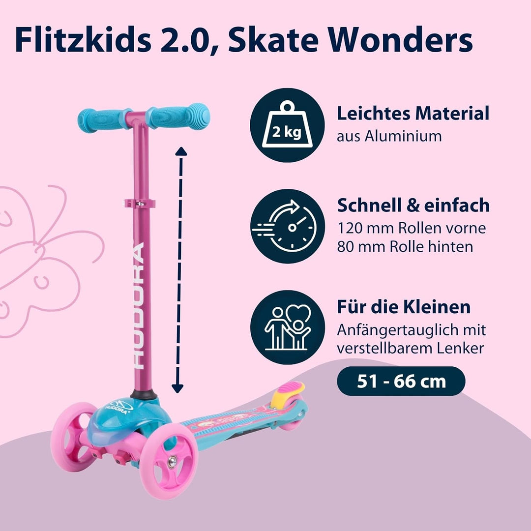 HUDORA Scooter Roller Mädchen - Flitzkids 2.0 Skate Wonders, 11054 Rosa, Rosa