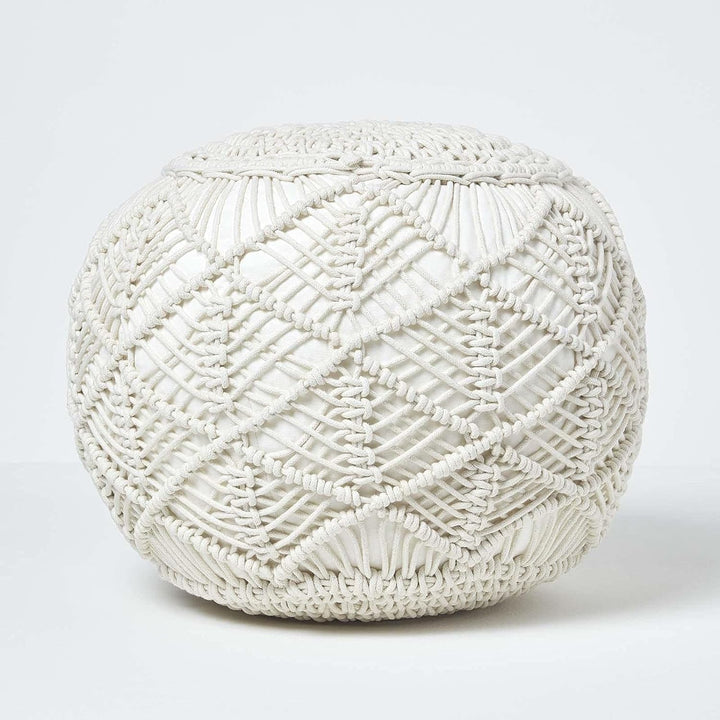 Homescapes Häkel-Pouf, Natur, rundes Bodenkissen 35 x 40 cm in Boho Style, dekorativer Fusshocker in