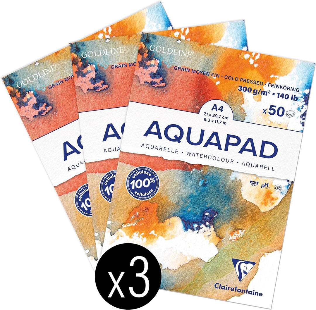Clairefontaine 975721C - Packung mit 3 Aquarellblöcken Goldline Aquapad A4 geleimt, 50 Blatt weiss 3