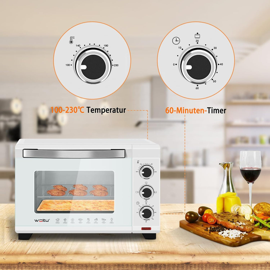 WOLTU Mini Backofen 20 Liter Pizzaofen Glastür mit Backblech mit Timer 100-250°C 1400 Watt Weiss BF0