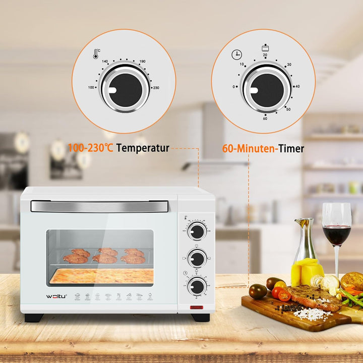 WOLTU Mini Backofen 20 Liter Pizzaofen Glastür mit Backblech mit Timer 100-250°C 1400 Watt Weiss BF0