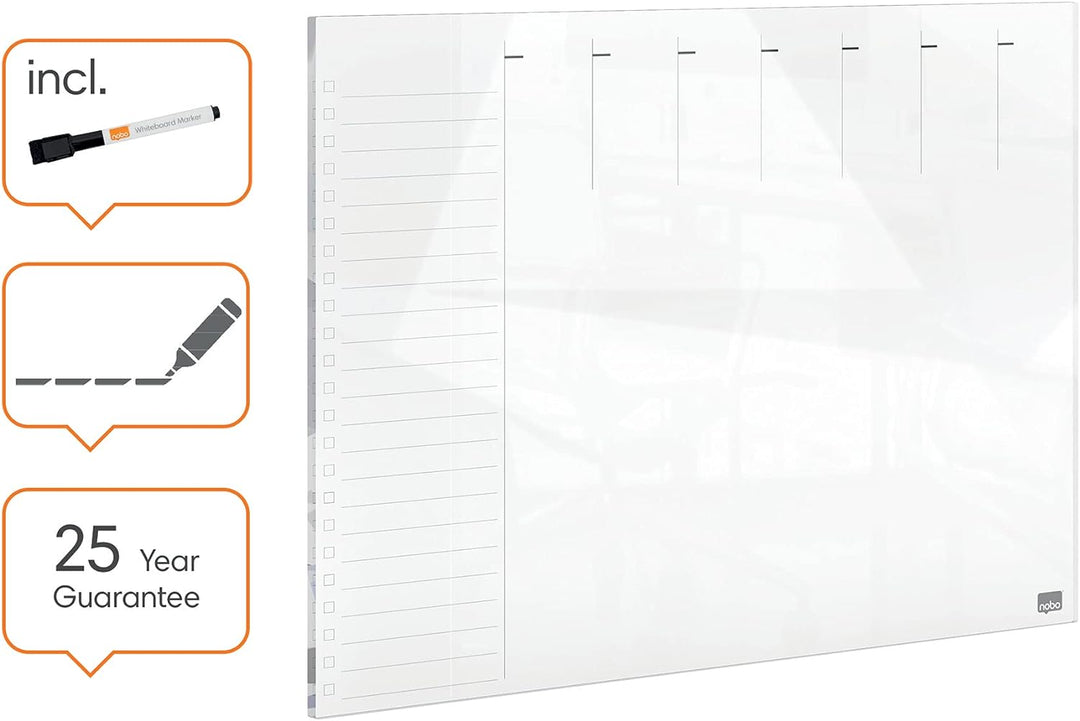 Nobo Glas-Whiteboard Magnetischer Wochenplaner, Trocken Abwischbare Glas-Oberfläche, Rahmenlos, Zuha