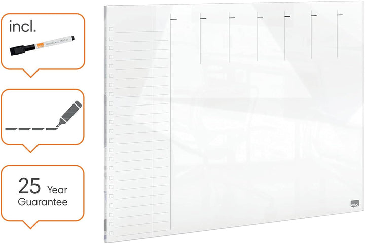 Nobo Glas-Whiteboard Magnetischer Wochenplaner, Trocken Abwischbare Glas-Oberfläche, Rahmenlos, Zuha