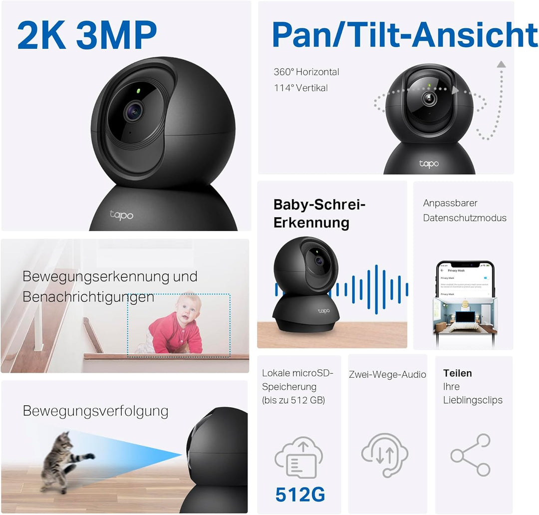 Tapo TP-Link C211 WLAN IP Kamera Überwachungskamera (Linsenschwenkung und Neigung, 3MP-Auflösung, 2-