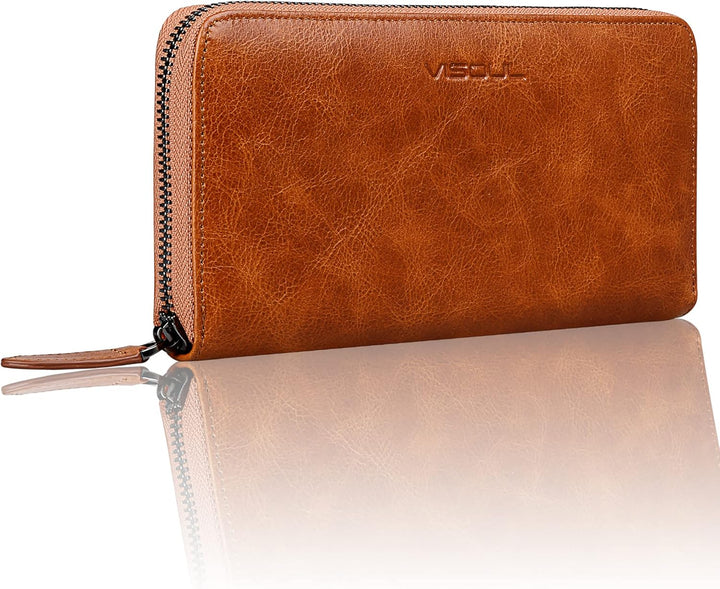 VISOUL Premium Brieftasche Echtleder/Italienisches Leder mit RFID-Schutz, XXL Geldbörse Braun L02, B