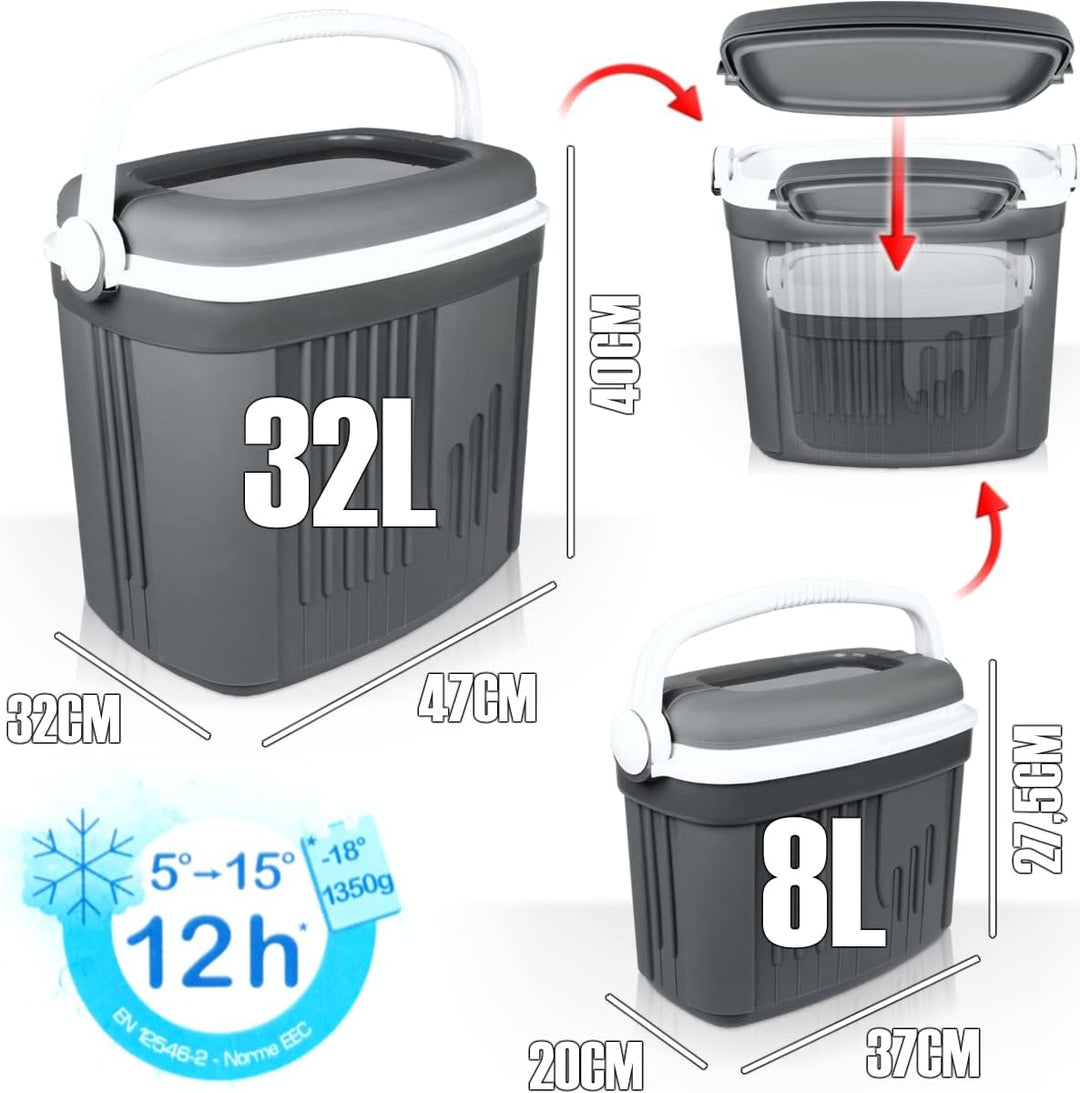 Kühlbox 2er Set 32L + 8L Isolierbox Kühltasche Camping Thermobox Isoliertasche Grau