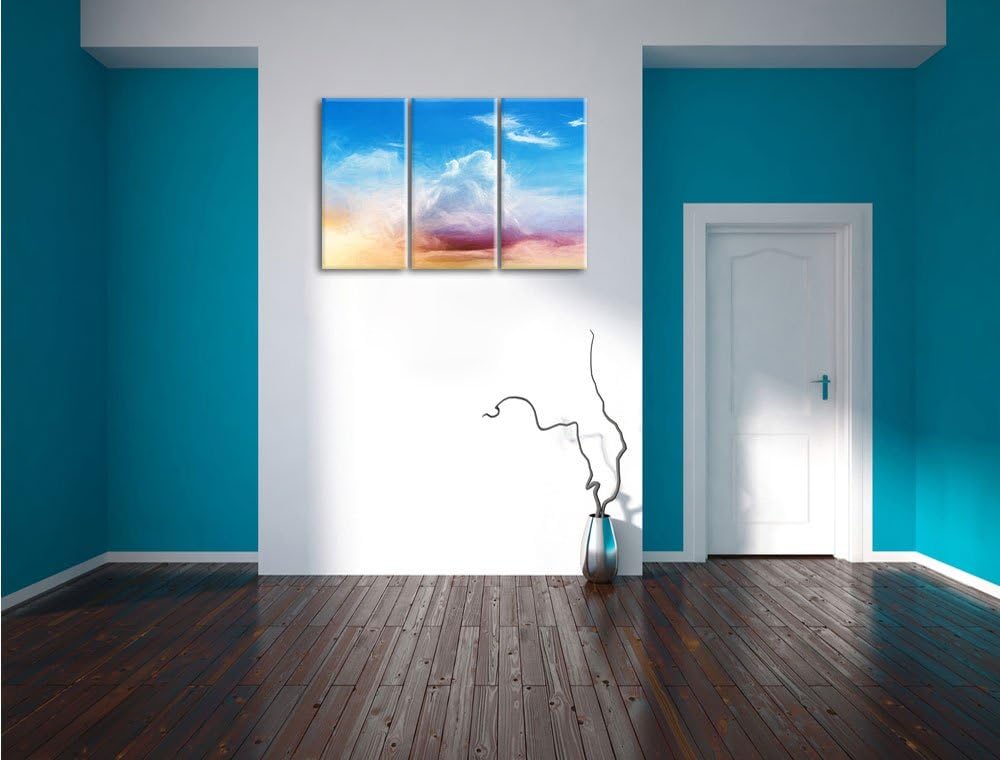Pixxprint Wolkiger Himmel bedeckt Sonne Bunstift Effekt 3-Teiler Leinwandbild 120x80 Bild auf Leinwa