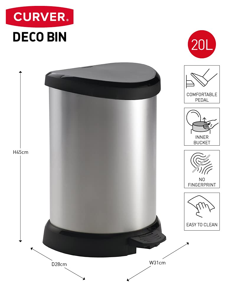 Curver Decobins Dekorativer Eimer mit Pedal 20 l, Metall und Schwarz, 20L Metall und Schwarz 20L, Me
