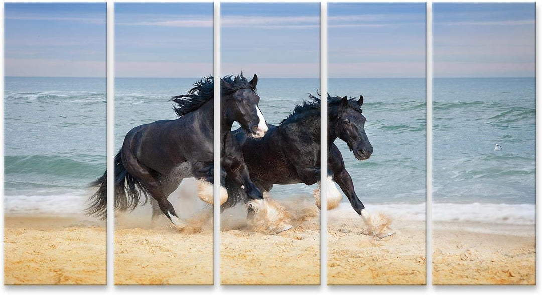Bild auf Leinwand Zwei Schöne Grosse Pferde Züchten Shire Galopp Entlang Dem Strand Der Sand Gegen D