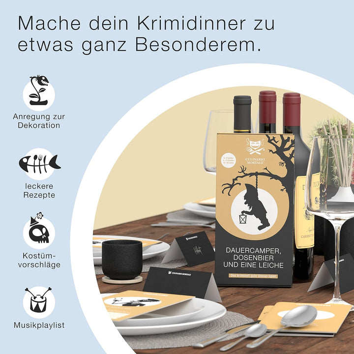 Culinario Mortale® Krimidinner für Zuhause 6 bis 8 Personen - Dauercamper, Dosenbier und eine Leiche