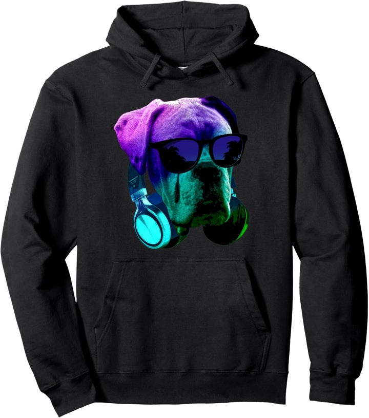 Deutscher Boxer DJ mit Kopfhörer und Sonnenbrille Hunde Rave Pullover Hoodie