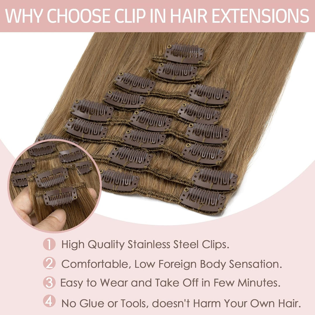 Silk-co Echthaar Clip In Extensions 8 Tressen 18 Clips 70g, Braun Hair Extensions, Remy Echthaar Cli