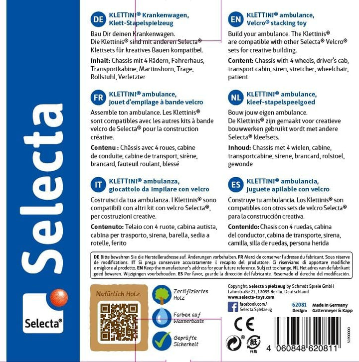 Selecta 62081 Krankenwagen, Flieger, Klett-Stapelspielzeug aus Holz, 7 Teile, Krankenwagen