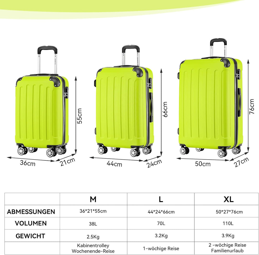 BEIBYE Hartschalen-Koffer Trolley Rollkoffer Reisekoffer Handgepäck 4 Rollen (M-L-XL-Set) (Gruen, M)