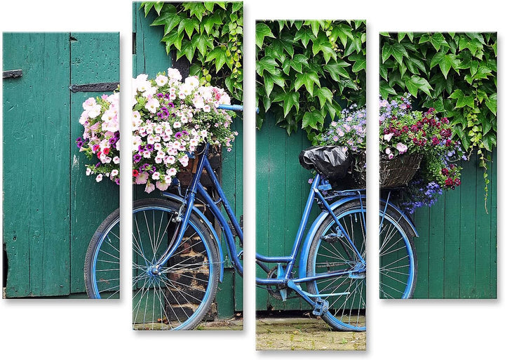 islandburner Bild auf Leinwand Fahrrad Blumen Bilder Wandbilder Poster Leinwand 130x80cm - 4 Teile,