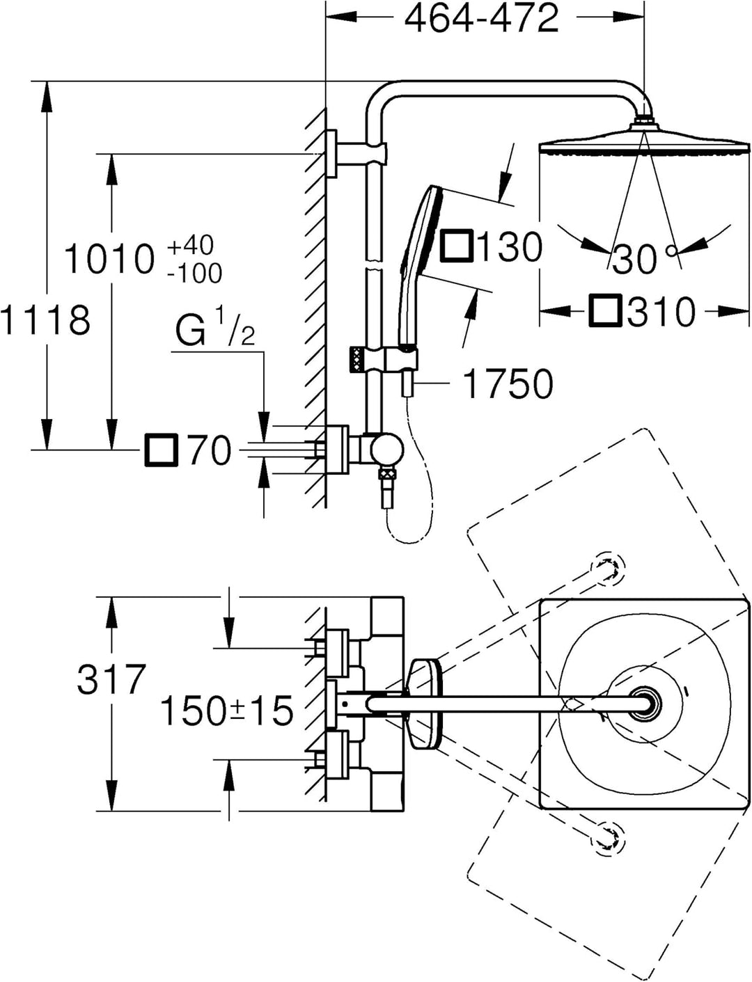 GROHE Rainshower Smartactive 310 - Duschsystem mit Thermostatarmatur (Sicherheitsperre bei 38°C, lan