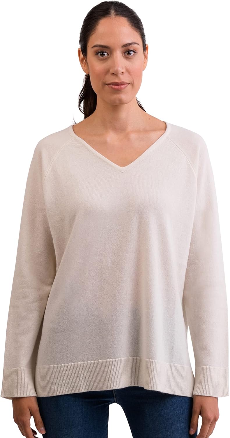 CASH-MERE.CH 100% Kaschmir Damen Pullover mit geradem Schnitt und Seitenschlitz | Sweater V-Ausschni