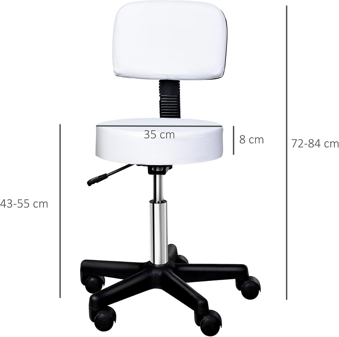 HOMCOM Arbeitshocker Rollhocker Drehhocker höhenverstellbar mit Lehne Büro Weiss Φ35 x H72-84 cm, We