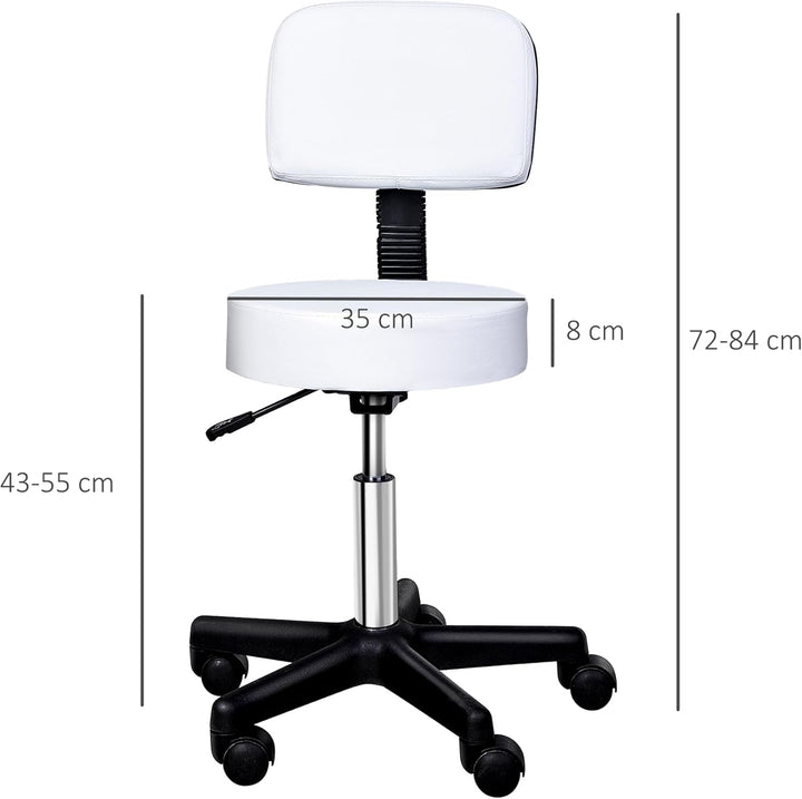 HOMCOM Arbeitshocker Rollhocker Drehhocker höhenverstellbar mit Lehne Büro Weiss Φ35 x H72-84 cm, We