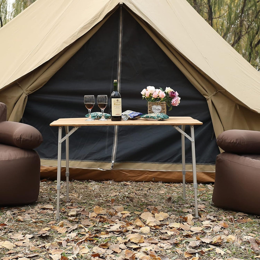 KingCamp Falten Bambus Campingtisch Klapptisch Verstellbare Höhe Aluminiumrahmen für Outdoor Camping