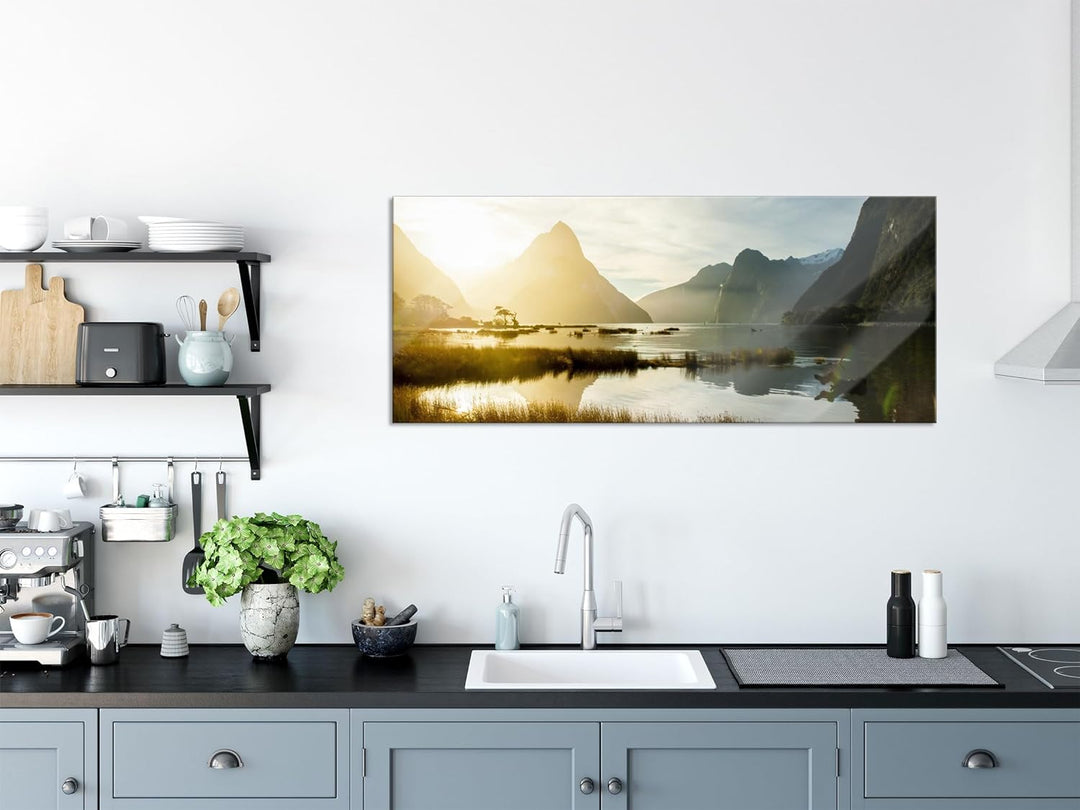 Glasbild Panorama | Wandbild aus Echtglas | Milford Sound Neuseeland | 100x40 cm | inkl. Aufhängung