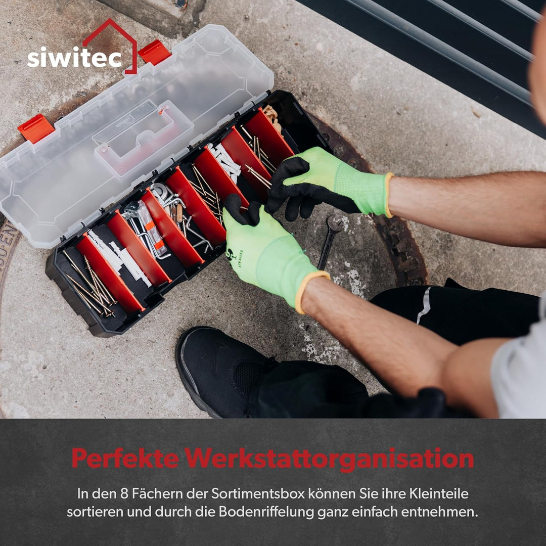 3 x siwitec Sortimentskasten mit 8 Fächern und 7 anpassbaren Trennstegen, Sortimentsbox für Kleintei