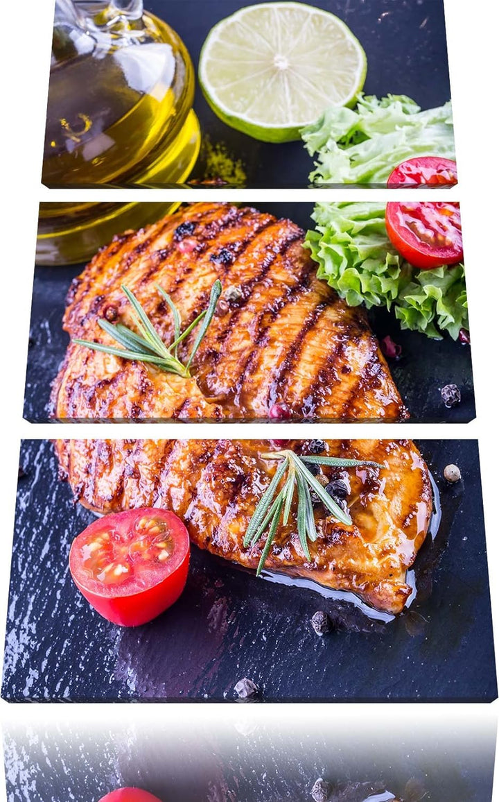 Grillmeister Steak als 3-Teiler Leinwandbild 120x80 Bild auf Leinwand, XXL riesige Bilder fertig ger