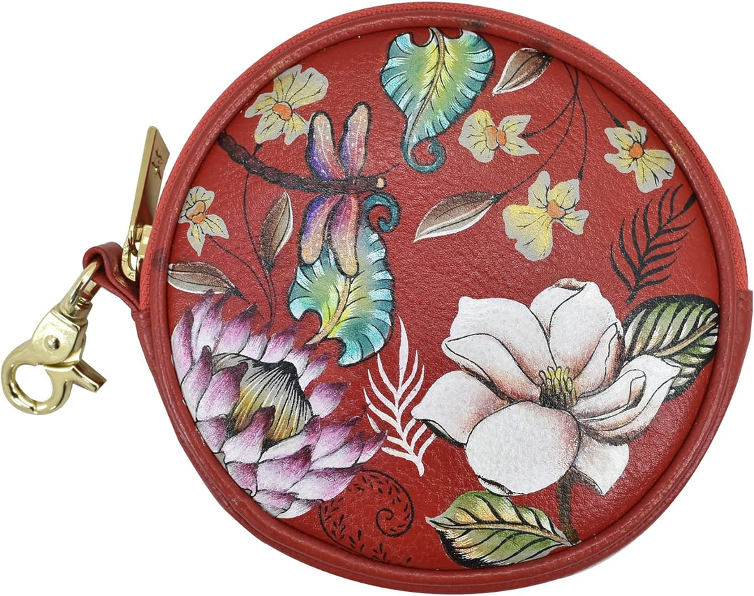 Anuschka Münzbeutel aus Echtleder, handbemalt, Rund - Crimson Garden, Crimson Garden
