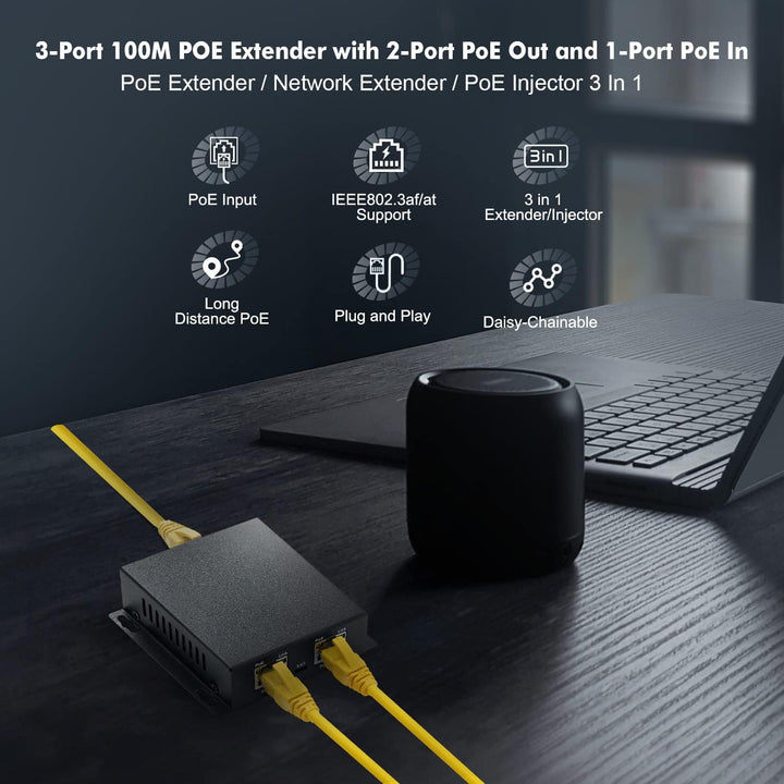 PoE Extender, 1 PoE in 2 PoE Out, IEEE802.3af/at PoE Powered, 10/100 Ethernet, Metal Small Wall Moun