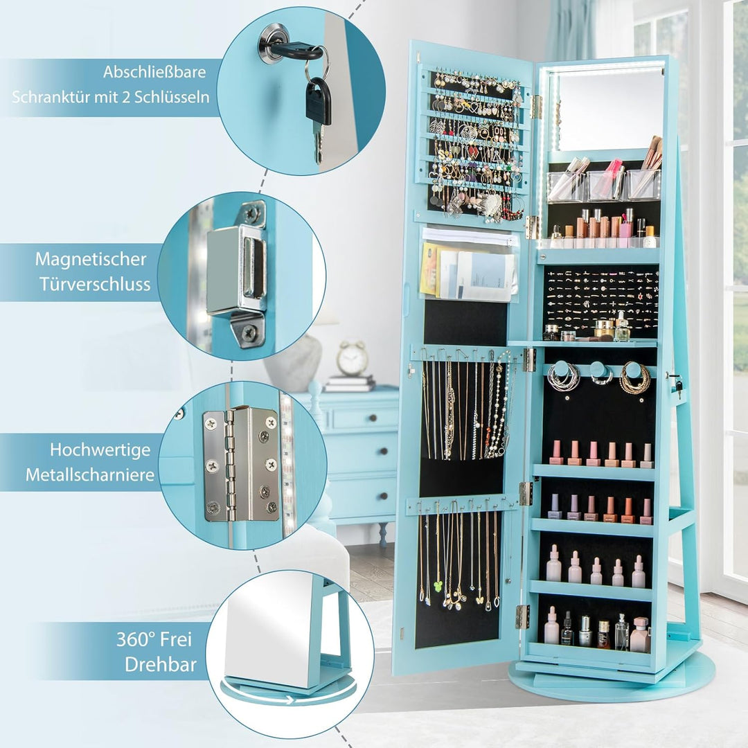 COSTWAY Schmuckschrank mit LED, Spiegelschrank 360° drehbar, mit rahmenlosem Ganzkörperspiegel, Schm