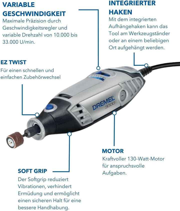 Dremel 3000 Multifunktionswerkzeug 130W, Set mit 5 Zubehörteilen, Variable Drehzal 10.000-33.000 U/m