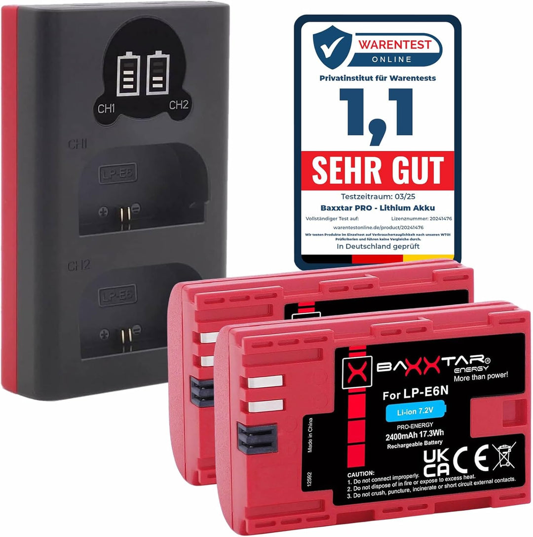 Baxxtar Pro LP-E6N 2040mAh Kamera-Akku Pack mit Ladegerät 18602 (USB Dual LCD) kompatibel mit Canon