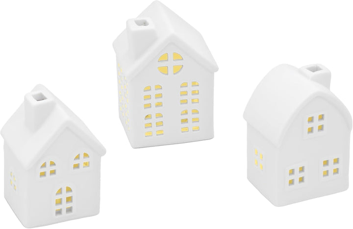 LED Keramik Haus weiss 9 cm - 3er Set - Deko Weihnachtsdorf mit Beleuchtung in warm weiss - Weihnach
