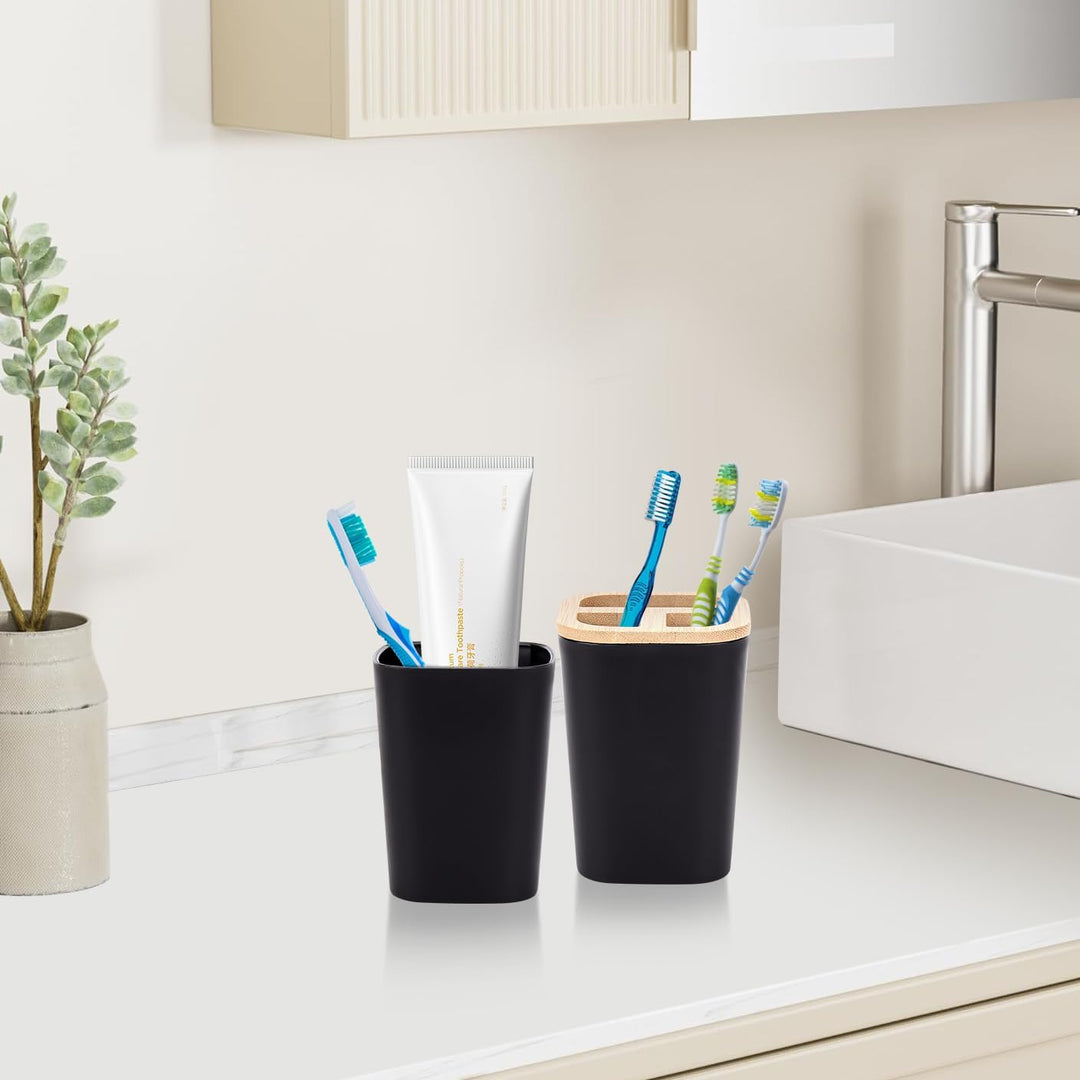 Badezimmer Zubehör Set 7Pcs Waschraum Zubehör Set aus Bambus, Lotion-Flaschen, Zahnbürstenhalter, Za