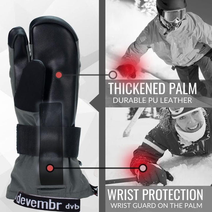 devembr 3-Finger-Skihandschuhe mit Handgelenkschutz, Warme Snowboardhandschuhe für Herren und Damen