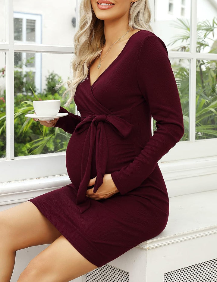 KOJOOIN Damen Umstandskleid Enge Langarm Stillkleid V-Ausschnitt Schwangere Kleider Mutterschaft Sch