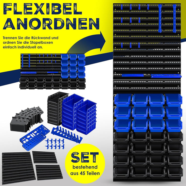 MASKO® Wandregal + Stapelboxen + Werkzeughalter | 45 tlg Box | Erweiterbar | Werkstattregal Lagerreg