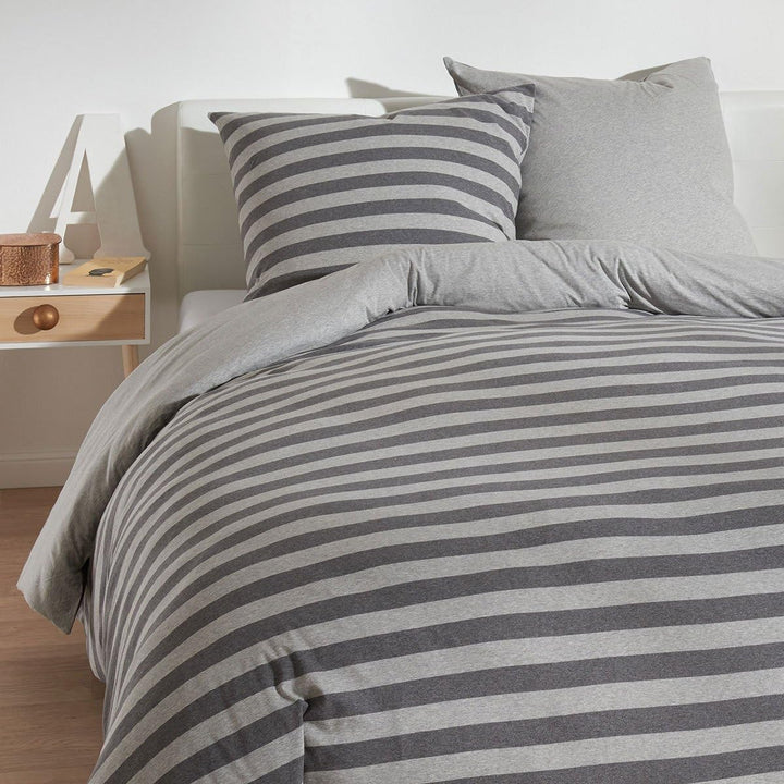 Traumschlaf Jersey Melange Wendebettwäsche Grau • Streifen & Uni • 100% Baumwolle • Ganzjahresbettwä