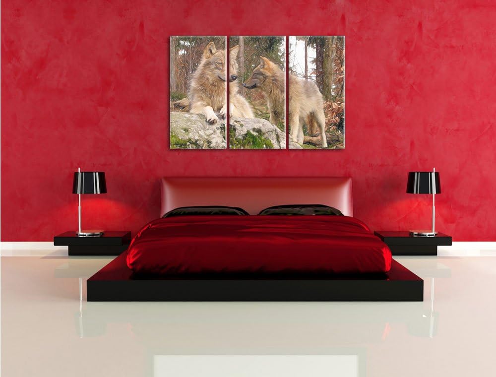 Pixxprint Wölfe im Wald als Leinwandbild/Grösse: 3 Teilig (120x80) / Wandbild/Kunstdruck/fertig besp