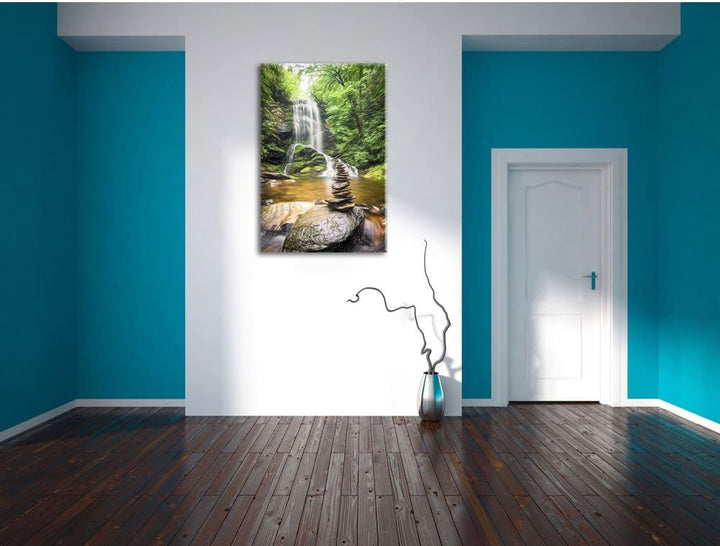Pixxprint Zen Steine vor Wasserfall Kunst Buntstift Effekt, Format: 100x70 auf Leinwand, 100x70