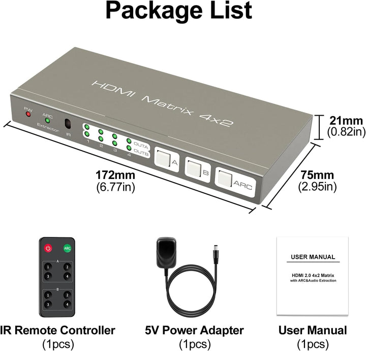 VEDINDUST HDMI Matrix Switcher 4K @ 60Hz HDMI 2.0b Switch 4 in 2 Out Splitter with Optical and 3.5 m