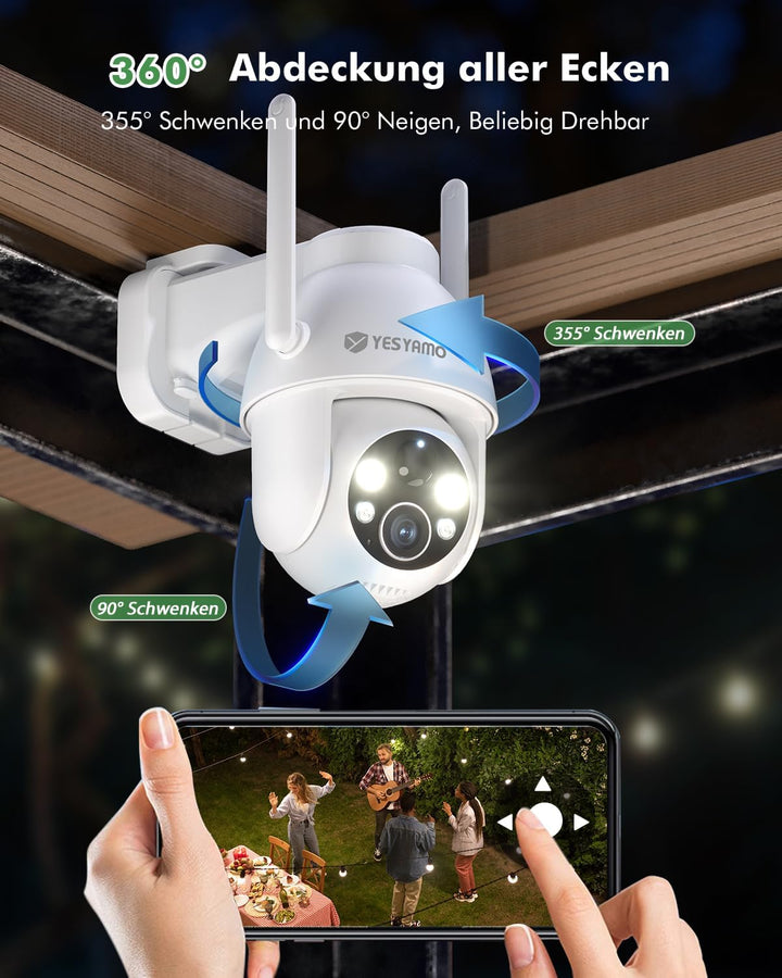 YESYAMO 2K Überwachungskamera Aussen Akku, 355°/90° Pan Tilt WLAN Kamera mit Farbnachtsicht, solar K